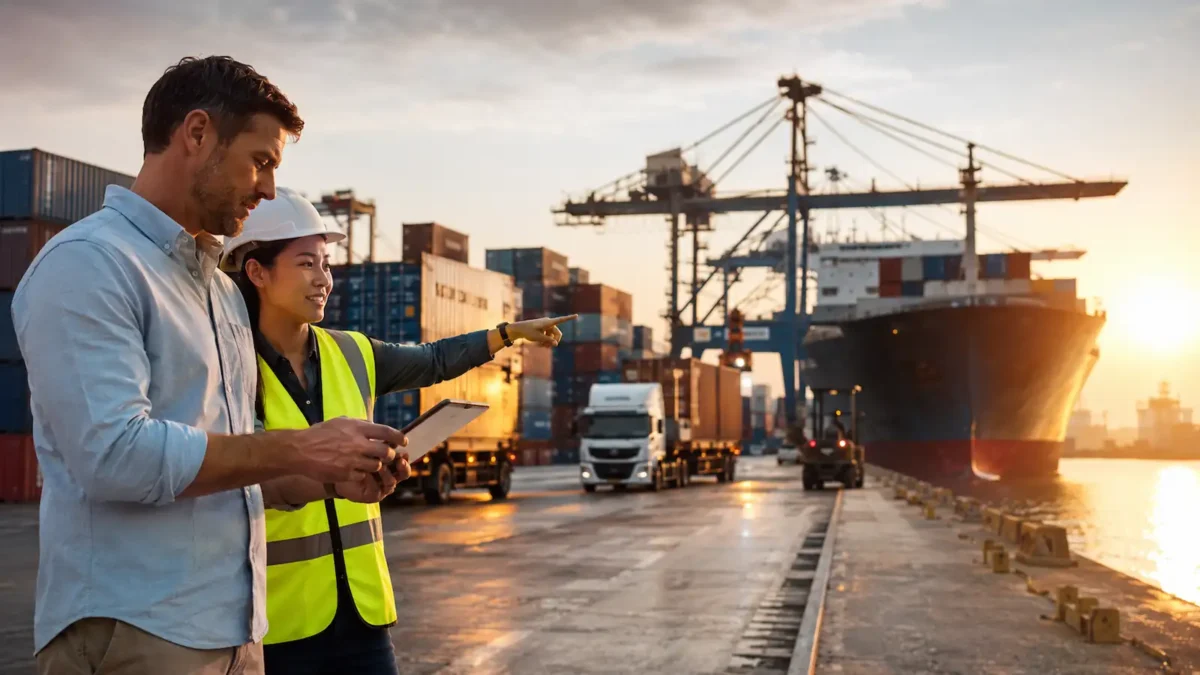 International AliExpress shipping with cargo containers, trucks and a container ship